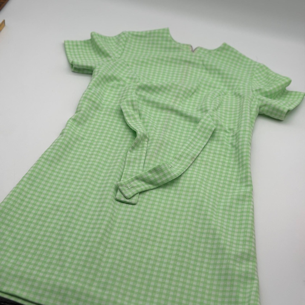 Vintage 60s Green Gingham Checkered Mod Shift Dress Short Sleeve Mini Tie Waist